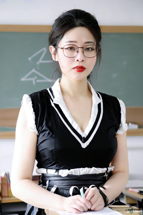 1 beautiful Chinese teacher(mature),with glasses, sagging breast,smooth skin,red lips,deep V vest,wearing black stocking,standing, elegant,charming, in the classroom,strict expression,frown