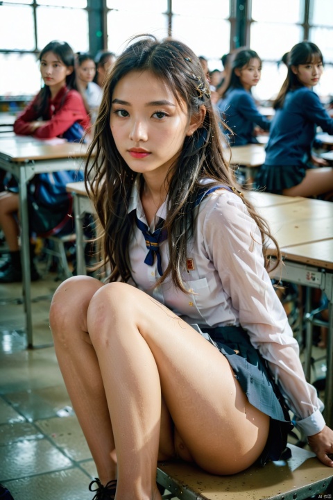 1 Chinese school girl(15 years old),strong figure,long legs,nude,frown,in the crowded classroom,loose hair,wind,a sea of people,sitting on the ground,movie lights,professional,8k,highly detailed,Leica M50 F/2.8,
