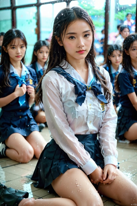 1 Chinese school girl(15 years old),strong figure,long legs,open school uniform, revealing breasts,frown,in the crowded school,loose hair,wind,a sea of people,sitting on the ground,raining,movie lights,professional,8k,highly detailed,Leica M50 F/2.8,