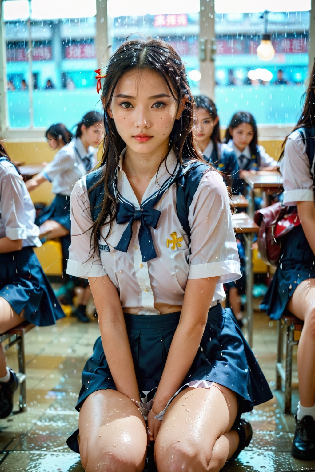 1 Chinese school girl(15 years old),strong figure,long legs,open school uniform, revealing breasts,frown,in the crowded school,loose hair,wind,a sea of people,sitting on the ground,raining,movie lights,professional,8k,highly detailed,Leica M50 F/2.8,