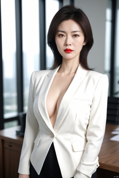 1 beautiful Chinese woman(mature),sagging breast,smooth skin,slim body,red lips,deep V suit,elegant,charming,loose hair,in the office,strict expression,frown,dark light
