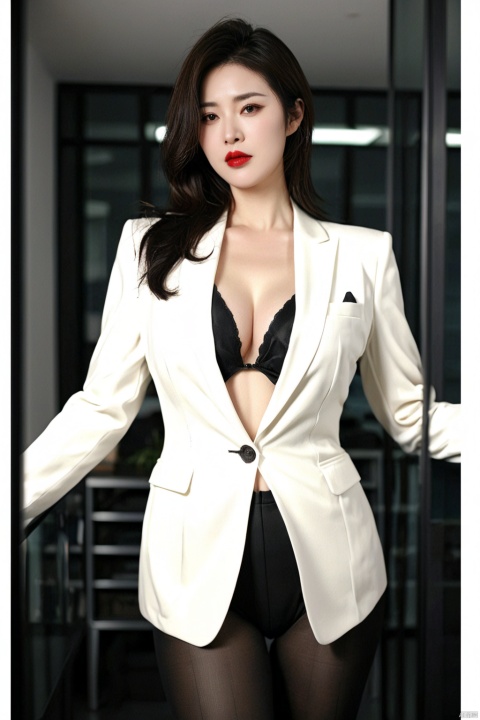 1 beautiful Chinese woman(mature),plump breast,smooth skin,red lips,wearing deep V suit,wearing black stocking,wearing high heels, elegant,charming,loose hair,in the office,strict expression,frown,dark light