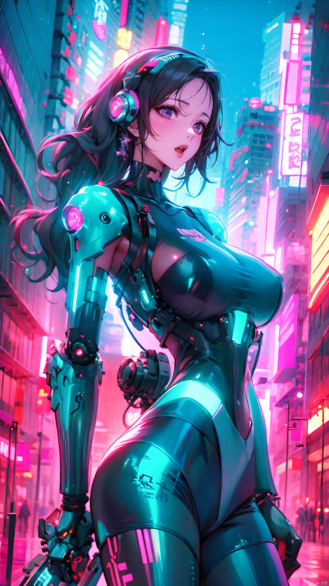  1 beautiful girl,cyberpunk,robot arms,at night,