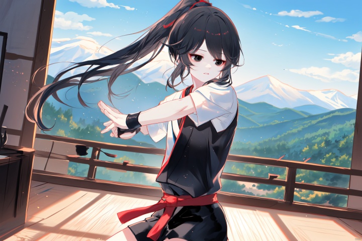 Yujie, martial arts attire, black hair, black eyes, high ponytail, mountain range, practicing martial arts