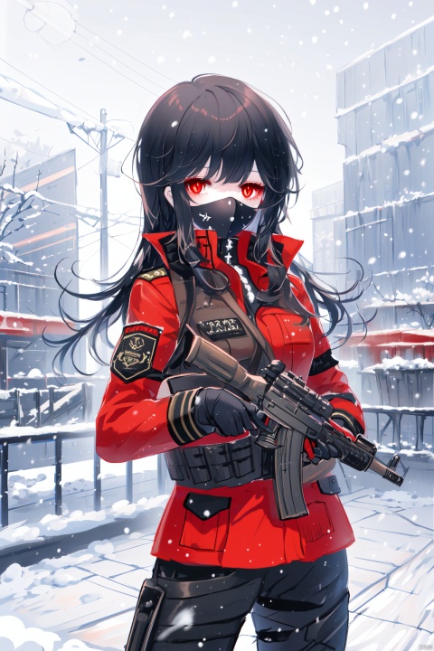 Snow, snowfall, a girl wearing modern military uniform, holding a pistol, red pupils, black hair, tactical mask, sharp eyes