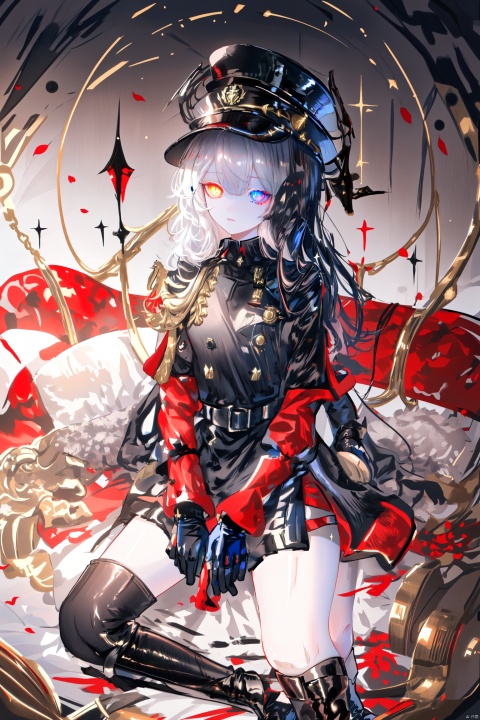  Royal Sister, black long hair, red blue heterochromatic pupils, black military uniform with red decoration, black military hat, military uniform with gold decoration, domineering, black leather boots, black silk