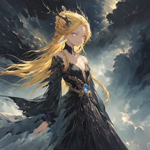 The sky scene, yellow hair hanging out, slim girl, red left eye, blue right eye, long golden hair, black dress girl sitting on the sky, crisp chest, snake waist, dragon antler, dragon butterfly, blue dream butterfly, masterpiece, red and blue superimposed filter, perspective painting style, angel's feather hair decoration, dark light, crown, queen, black feather, anime, depression, light and dark wings, close-up of the whole body, correct finger structure, (Laurie's face, imperial sister's body, stepping on high heels), charm, temptation, bending, king, head up, slightly Eyebrows drooping, long eyelashes, light pink eyeliner, double eyelids, raised buttocks, the princess's yellow hair, silly and cute, shoulder straps, unbuttoned, open clothes, broken clothes, black dresses, exposed collarbone, hairless, shoulder length yellow hair, highlighted hair, gods, earrings, (representative works), (excellent quality), (ultra meticulous), ((illustration)), very cute, solo, braid, long hair over the waist, star eyes, (sapphire eyes), 8k, 1080p, (masterpiece)), top quality, (master's work), (temptation), ((unusually delicate cg)), (fine facial features), (fine hair depiction), (fine eye depiction), (fine facial depiction), very detailed, illustration, (correct limbs), ultra clear picture, void, starry sky, haziness, illusion, luminous eyes, top painting Quality, moon, light particles, mystery, aestheticism, anime, 4k, cg sense, extremely delicate and beautiful, light particles, fog, jewel star eyes, exquisite and delicate sky, (long hair lolly), (sexy), loneliness, melancholy, sense of fragmentation, god, the highest quality, Masterpiece, masterpiece, ultimate detail, unparalleled beauty