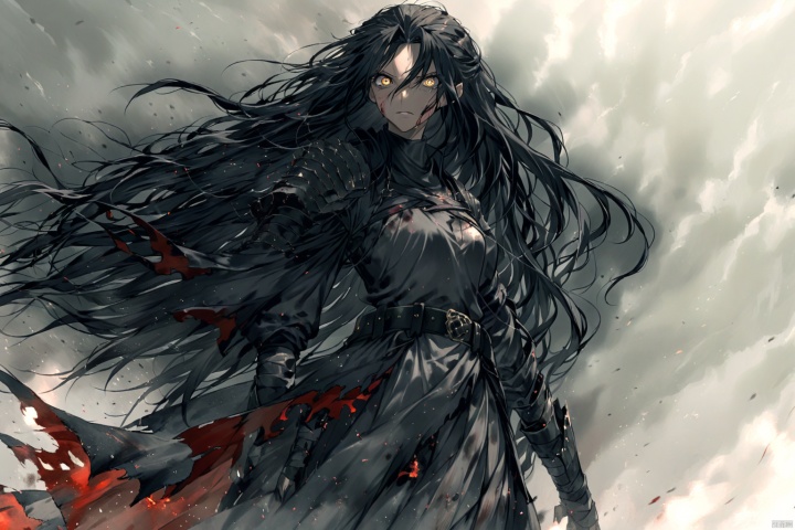  Black long hair, flowing hair, yellow pupils, mature big sister, sharp eyes, red damaged shirt, black protective sleeves, arm with bandages, belt, armor and boots