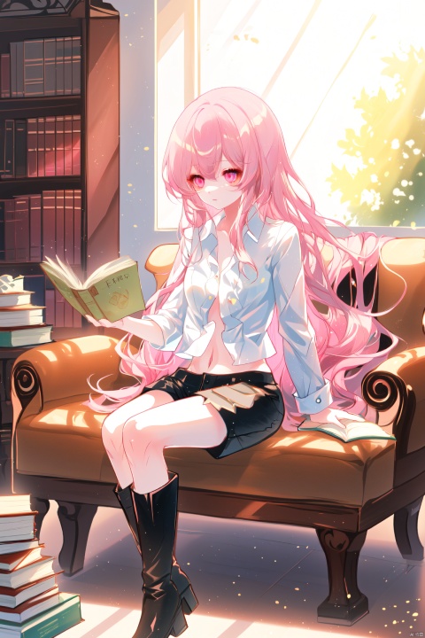 Girl, pink long hair, pink eyes, white navel exposed shirt, black shorts, white long boots, books on the table to read, sunlight shining through the window
