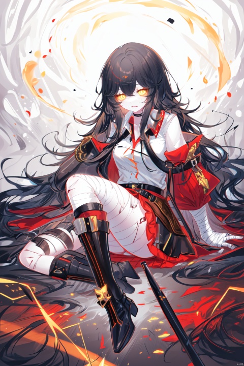Black long hair, flowing hair, yellow pupils, mature big sister, sharp eyes, red damaged shirt, black protective sleeves, arm with bandages, belt, armor and boots