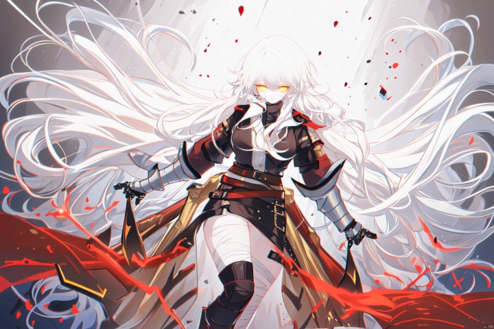 Black long hair, flowing hair, yellow pupils, mature big sister, sharp eyes, red damaged shirt, black protective sleeves, arm with bandages, belt, armor and boots