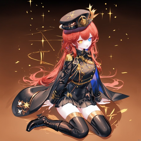  Royal Sister, black long hair, red blue heterochromatic pupils, black military uniform with red decoration, black military hat, military uniform with gold decoration, domineering, black leather boots, black silk