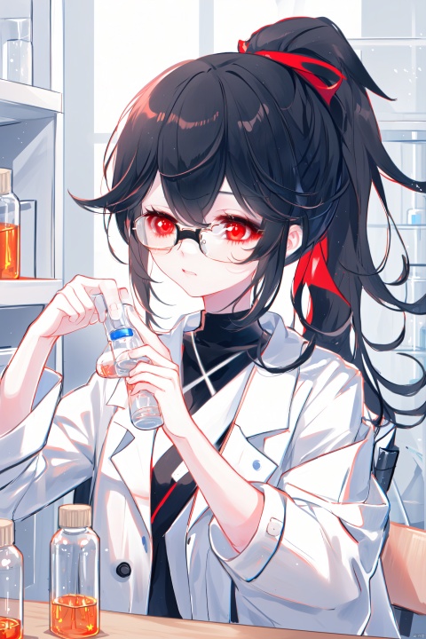 Girl, wearing a white coat, black hair, high ponytail, red pupils, wearing glasses, in the laboratory, holding a medicine bottle in her hand