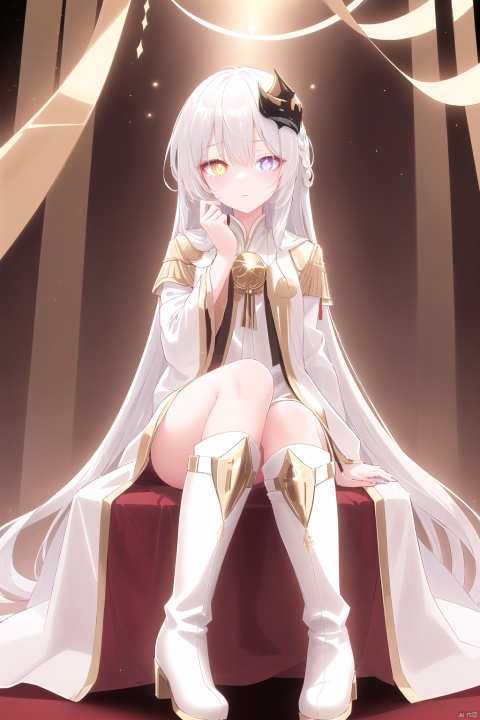 White long hair, flowing hair, imperial sister, single eye mask, golden pupils, domineering, white robe with golden decorations, white boots