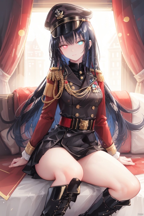 Royal Sister, black long hair, red blue heterochromatic pupils, black military uniform with red decoration, black military hat, military uniform with gold decoration, domineering, black leather boots, bare legs