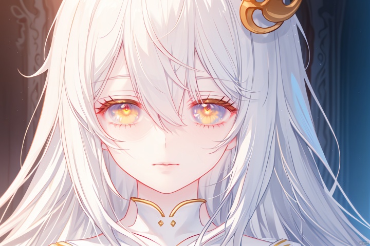  White hair, long hair, flowing hair, royal sister, single eye mask, golden pupils, white robe, exquisite robe, calm gaze, gaze, (detailed facial description), (masterpiece), (highest picture quality), (exquisite CG), (detailed depiction of the human body)