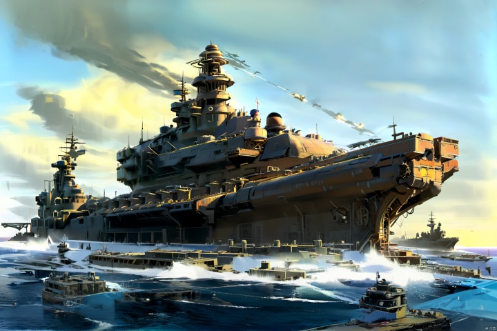 Aircraft carrier, riding the wind and waves, steampunk, huge, spectacular