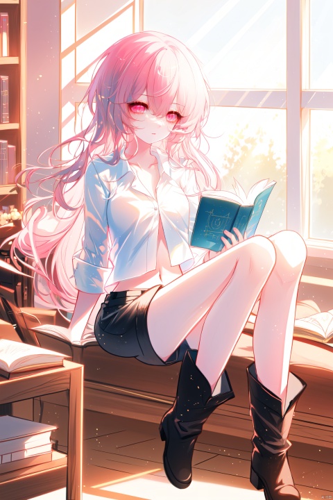 Girl, pink long hair, pink eyes, white navel exposed shirt, black shorts, white long boots, reading in the study, sunlight shining through the window