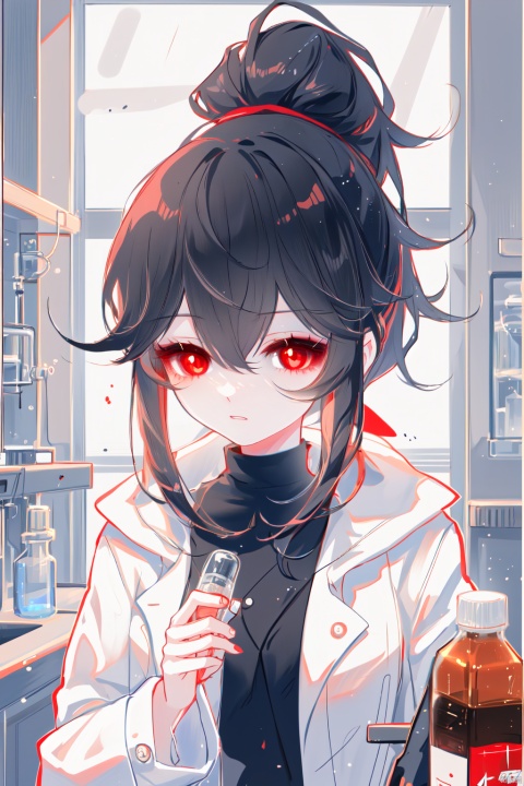 Girl, wearing a white coat, black hair, high ponytail, red pupils, laboratory, holding a medicine bottle in her hand