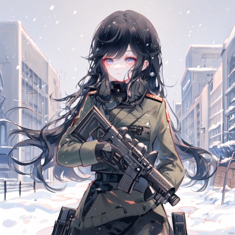 Girl, in the snow, holding a gun, black long hair, black military uniform