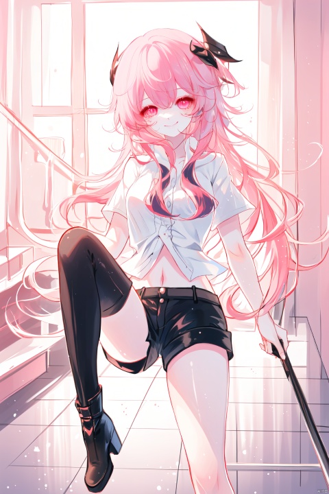 Girl, pink hair, pink eyes, white navel exposed shirt, black shorts, white long boots, with a smile on her face