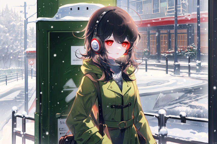 Snow, snowfall, bus stop, girl wearing a green coat, wearing black silk, wearing headphones around her neck, crossbody bag, red pupils, black hair