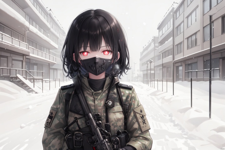 Snow, snowfall, a girl wearing modern military uniform, holding a pistol, red pupils, black hair, tactical mask, sharp eyes