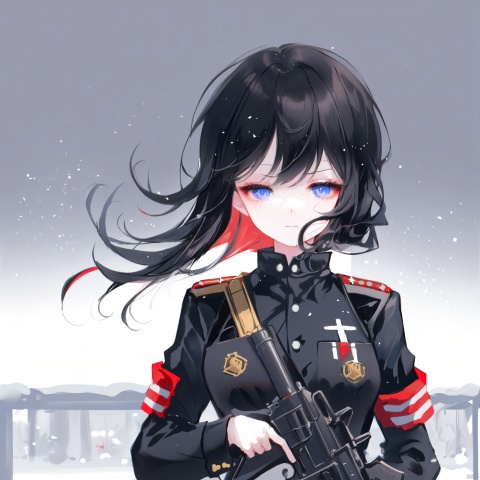 Girl, in the snow, holding a firearm, black hair, black military uniform, pointed in front of the gun
