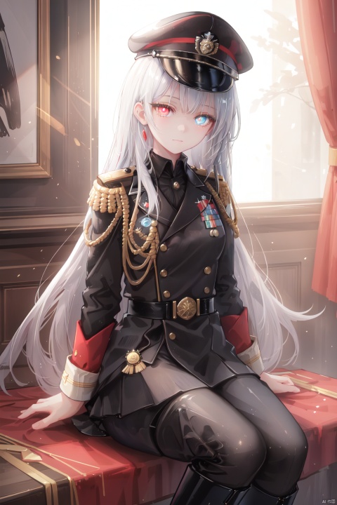 Royal Sister, black long hair, red blue heterochromatic pupils, black military uniform with red decoration, black military hat, military uniform with gold decoration, domineering, black leather boots, black silk