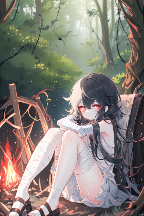 Loli, with black hair, silver pupils, bandages tied to her arms and neck, dressed in tattered clothes, sat by the campfire in the forest