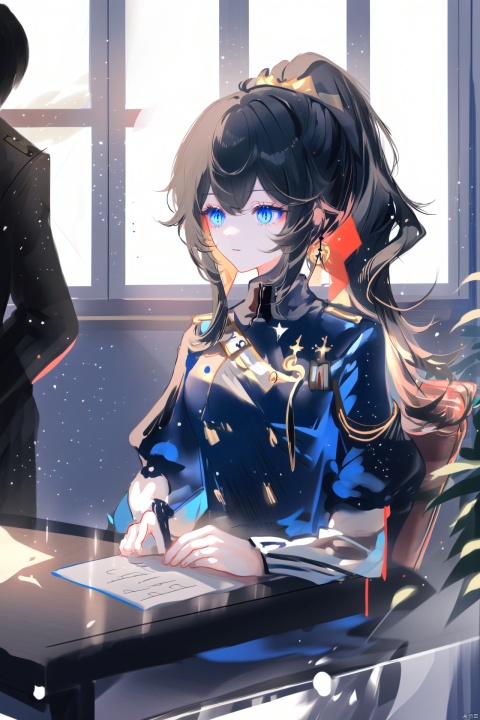 Royal Sister, wearing black military uniform, black hair, high ponytail, blue eyes, blue earrings, sitting by the window, beam of light