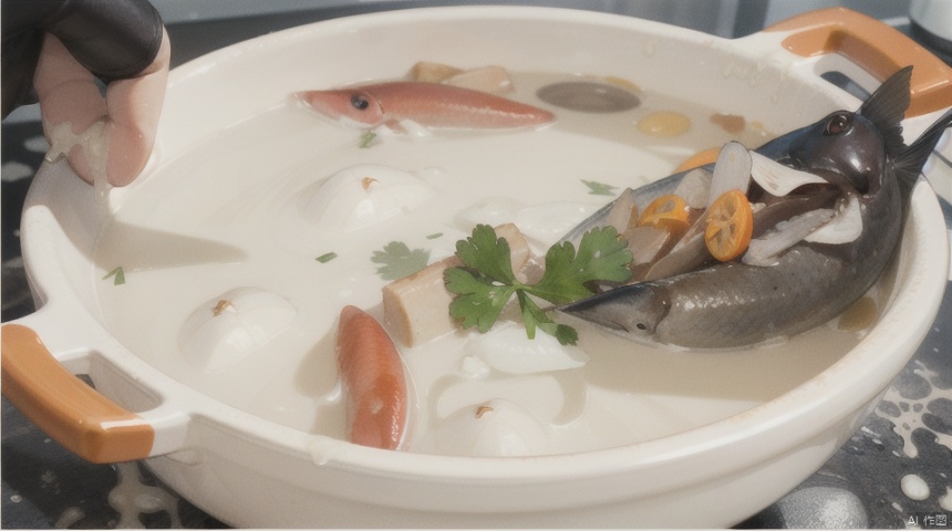 A pot of fish soup, the milky white soup is appetizing, and the fish head is exposed.