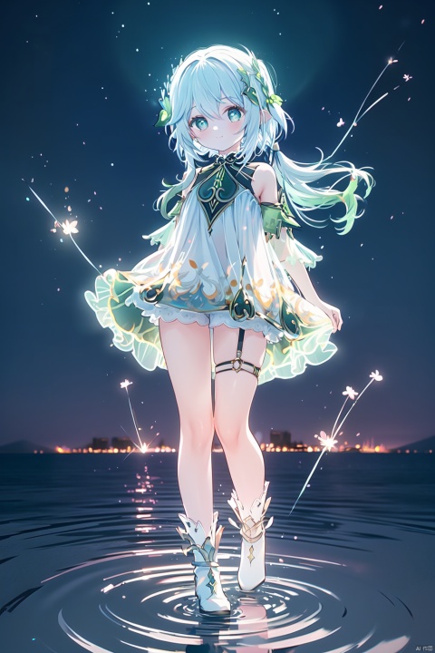 Best quality,8k,cg,night,glowing,transparent,1girl,standing_on_liquid,ripples,sparkler,dress,Formed by light,starry_background,Lesbian, A shy smile,Tap the ground on one toe,Miniskirts,Very long hair, jeanrnd, jeanfavonian, jeanseabreeze, jeangunnhildr, nahida (genshin impact),legwear garter