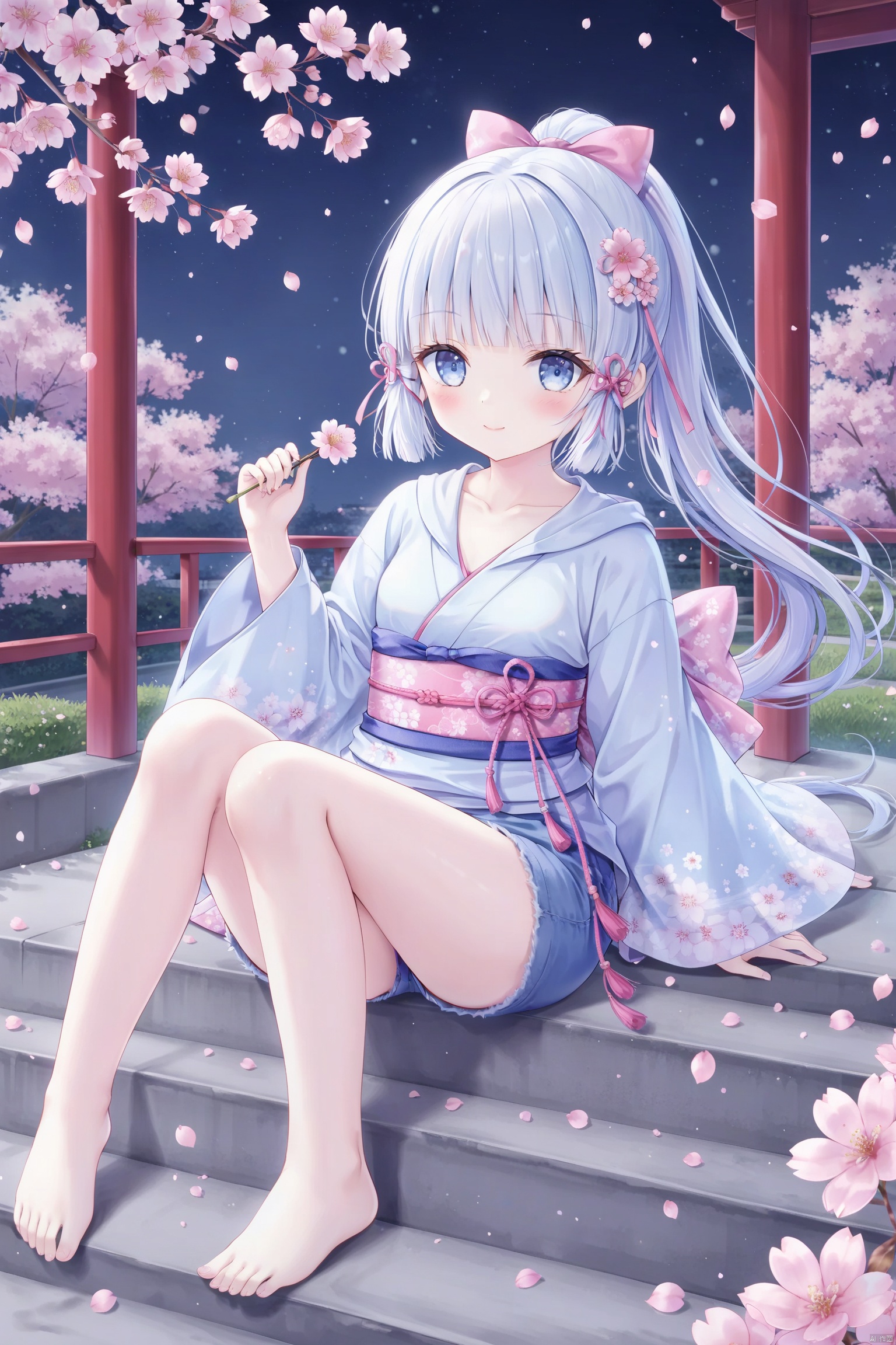 1girl, solo, long hair, looking at viewer, blush, smile, bangs, blue eyes, hair ornament, long sleeves, ribbon, holding, sitting, closed mouth, blue hair, collarbone, full body, hair ribbon, ponytail, flower, white hair, sidelocks, outdoors, japanese clothes, shorts, barefoot, hood, wide sleeves, blunt bangs, kimono, feet, legs, sash, petals, short shorts, bare legs, hoodie, toes, night, floral print, cherry blossoms, pink flower, pink ribbon, blue shorts, denim shorts, stairs, blue kimono, falling petals, flower knot, kamisato ayaka