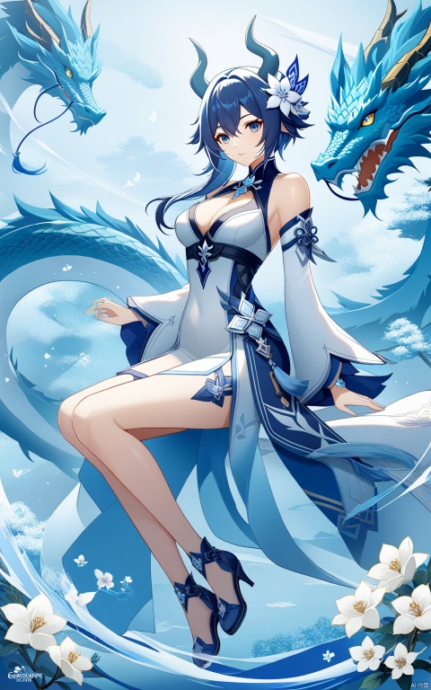  1girl, solo, breasts, looking at viewer, bangs, hair ornament, dress, cleavage, hair between eyes, bare shoulders, medium breasts,flower, sidelocks, parted lips, detached sleeves, horns, hair flower, white dress, white flower, short hair with long locks, dragon,Oriental Dragon, loong,full body,eula (genshin impact)