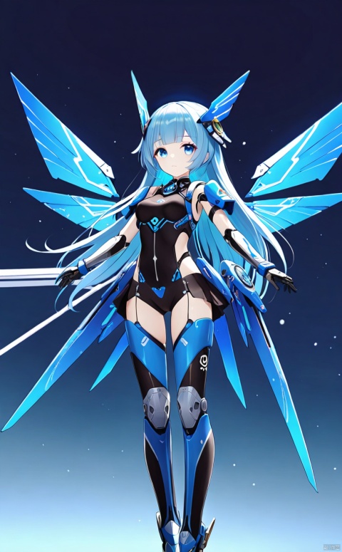 1girl, solo, long hair, breasts, looking at viewer, bangs, blue eyes, medium breasts, closed mouth, standing,blue wings, gradient, gradient background, headgear, arms at sides,mecha musume, joints, robot joints, mechanical wings,mouth,Floating,sky,fly in the air,qiqi (genshin impact)
