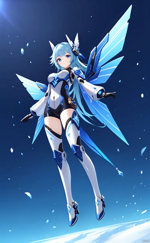 1girl, solo, long hair, breasts, looking at viewer, bangs, blue eyes, medium breasts, closed mouth, standing,blue wings, gradient, gradient background, headgear, arms at sides,mecha musume, joints, robot joints, mechanical wings,mouth,Floating,sky,fly in the air,eula (genshin impact)