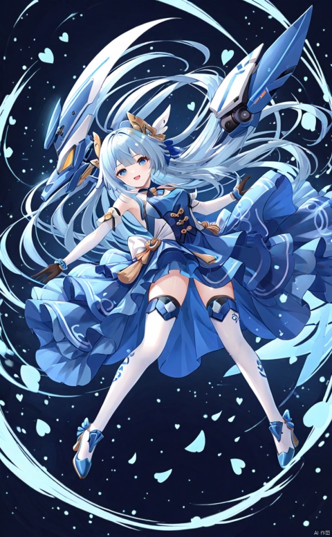  tianqijijijia, solo, 1girl, long hair,open mouth, gloves, smile, looking at viewer, bangs, full body, mecha musume, dress, high heels,boots, tattoo, thighhighs,breasts, elbow gloves, heart, bare shoulders,dress, floating hair, high heel boots, thigh boots, inksketch,jean (genshin impact)
