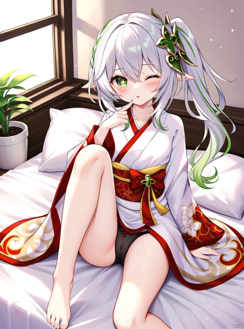 1girl, solo, long hair, looking at viewer, blush, bangs, hair ornament, long sleeves, hair between eyes, sitting, very long hair, underwear, green eyes, panties, white hair, grey hair, sidelocks, multicolored hair, parted lips, one eye closed, japanese clothes, green hair, barefoot, alternate costume, pointy ears, indoors, hand up, wide sleeves, kimono, side ponytail, feet, legs, pillow, symbol-shaped pupils, black panties, bare legs, window, bed, gradient hair, toes, bed sheet, on bed, plant, finger to mouth, knee up, potted plant, foot out of frame, cross-shaped pupils, nahida \(genshin impact\)