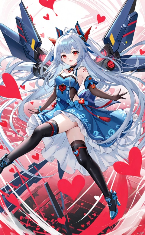  tianqijijijia, solo, 1girl, long hair,open mouth, gloves, smile, looking at viewer, bangs, full body, mecha musume, dress, high heels,boots, tattoo, thighhighs,breasts, elbow gloves, heart, bare shoulders,dress, floating hair, high heel boots, thigh boots, inksketch,Fonina