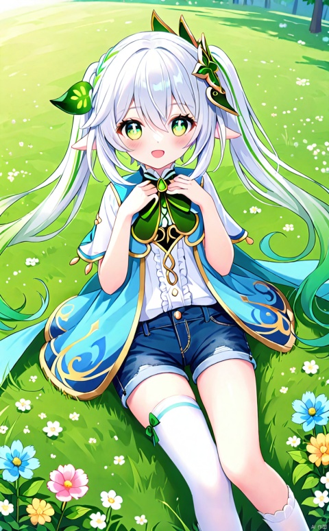 1girl, solo, long hair, looking at viewer, blush, smile, open mouth, bangs, shirt, hair ornament, thighhighs, bow, hair between eyes, twintails, green eyes, flower, white hair, short sleeves, :d, multicolored hair, outdoors, lying, frills, green hair, shorts, alternate costume, socks, on back, vest, white thighhighs, hands up, kneehighs, short shorts, gradient hair, capelet, feet out of frame, grass, denim, white socks, single thighhigh, green bow, blue shorts, denim shorts, hands on own chest, nahida \(genshin impact\)