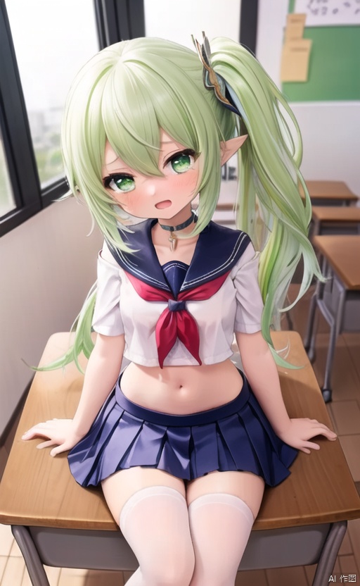 1girl, solo, long hair, breasts, looking at viewer, blush, open mouth, bangs, skirt, shirt, hair ornament, thighhighs, navel, cleavage, hair between eyes, bare shoulders, sitting, underwear, school uniform, green eyes, collarbone, white shirt, white hair, short sleeves, sidelocks, thighs, multicolored hair, pleated skirt, small breasts, green hair, serafuku, alternate costume, pointy ears, midriff, black thighhighs, indoors, tears, miniskirt, sailor collar, off shoulder, stomach, bra, side ponytail, zettai ryouiki, crop top, neckerchief, window, gradient hair, feet out of frame, chair, white skirt, crossed legs, crying, green skirt, desk, tearing up, classroom, school desk, on desk, school chair, green sailor collar, sitting on desk, green neckerchief, nahida \(genshin impact\),human toilet