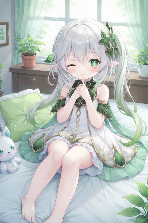 1girl, solo, long hair, looking at viewer, blush, smile, bangs, hair ornament, dress, hair between eyes, bare shoulders, sitting, closed mouth, green eyes, white hair, multicolored hair, frills, detached sleeves, one eye closed, green hair, barefoot, sleeveless, pointy ears, indoors, hand up, white dress, side ponytail, pillow, symbol-shaped pupils, bare legs, window, bed, gradient hair, toes, sleeveless dress, feet out of frame, bed sheet, on bed, stuffed toy, plant, curtains, veil, finger to mouth, knees together feet apart, ;\), female child, potted plant, bedroom, cross-shaped pupils, nahida \(genshin impact\)