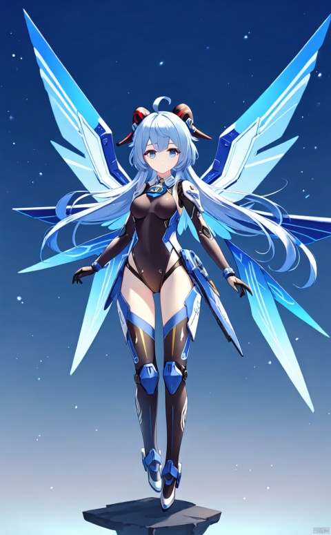 1girl, solo, long hair, breasts, looking at viewer, bangs, blue eyes, medium breasts, closed mouth, standing,blue wings, gradient, gradient background, headgear, arms at sides,mecha musume, joints, robot joints, mechanical wings,mouth,Floating,sky,fly in the air,ganyu (genshin impact)