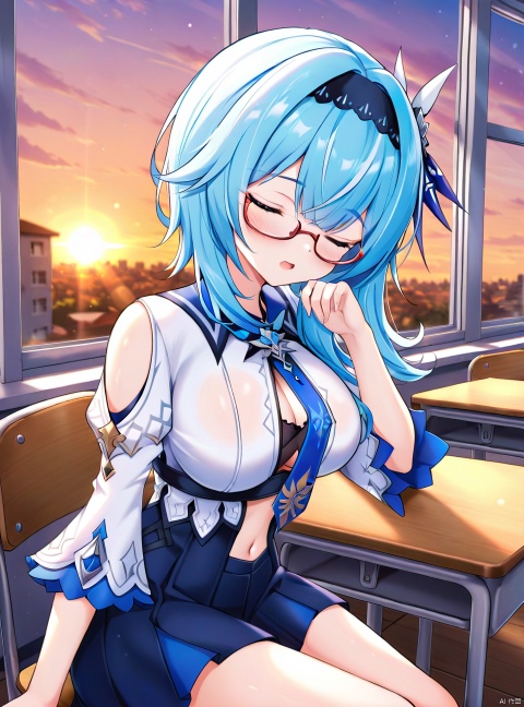 1girl, solo, breasts, blush, open mouth, bangs, large breasts, hair ornament, cleavage, sitting, blue hair, closed eyes, hairband, necktie, sky, glasses, indoors, medium hair, window, chair, sleeping, desk, sunset, blue necktie, classroom, school desk, eula \(genshin impact\)