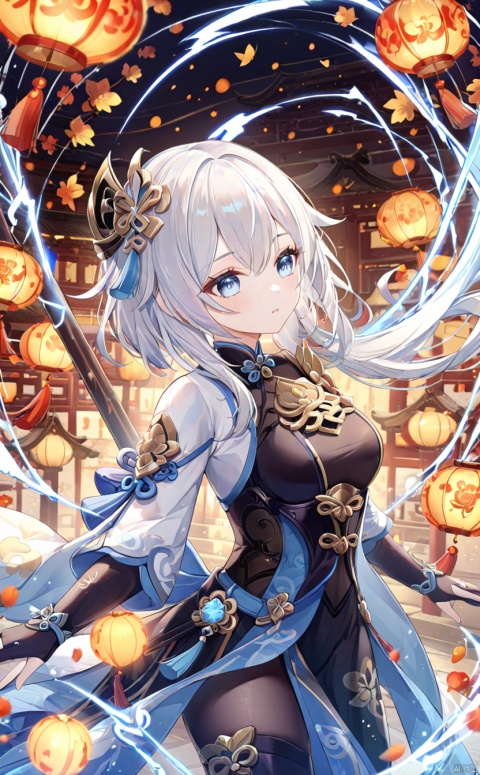 A beautiful woman, armor, white hair, Chinese elements,32K ultra high definition,best quality, masterpiece,engulfing lightning (genshin impact)