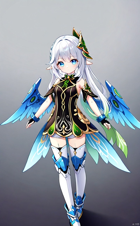 1girl, solo, long hair, breasts, looking at viewer, bangs, blue eyes, medium breasts, closed mouth, standing, white hair, wings, gradient, gradient background, headgear, arms at sides,mecha musume, joints, robot joints, mechanical wings,nahida (genshin impact),mouth