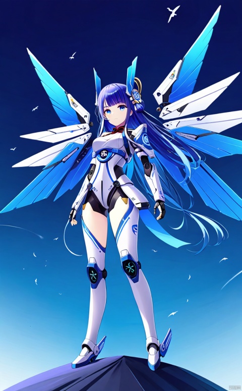 1girl, solo, long hair, breasts, looking at viewer, bangs, blue eyes, medium breasts, closed mouth, standing,blue wings, gradient, gradient background, headgear, arms at sides,mecha musume, joints, robot joints, mechanical wings,mouth,Floating,sky,fly in the air,raiden shogun, 