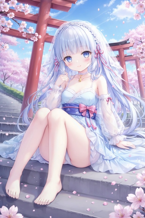 1girl, solo, long hair, breasts, looking at viewer, blush, smile, bangs, blue eyes, long sleeves, dress, bow, ribbon, bare shoulders, sitting, very long hair, closed mouth, underwear, blue hair, panties, full body, hair ribbon, flower, white hair, hair bow, sidelocks, thighs, outdoors, detached sleeves, sky, barefoot, choker, day, blunt bangs, white panties, feet, tree, blue sky, see-through, legs, sash, petals, bare legs, toes, pantyshot, white flower, cherry blossoms, veil, knees up, stairs, torii, see-through sleeves, kamisato ayaka