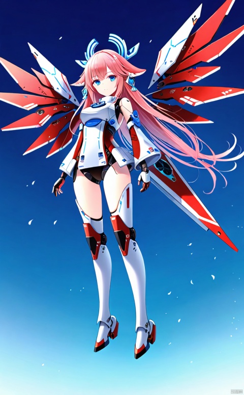 1girl, solo, long hair, breasts, looking at viewer, bangs, blue eyes, medium breasts, closed mouth, standing,blue wings, gradient, gradient background, headgear, arms at sides,mecha musume, joints, robot joints, mechanical wings,mouth,Floating,sky,fly in the air,yae miko (fox)